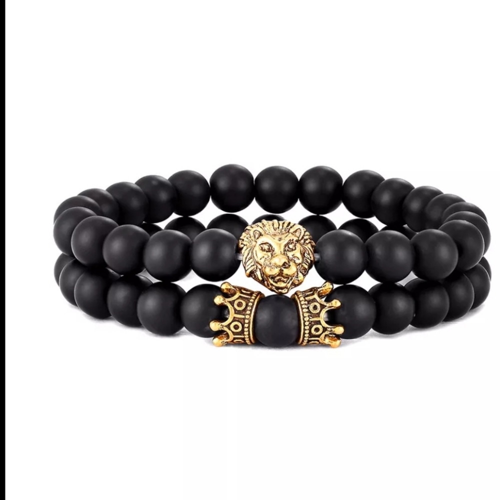 Black mate lava stone Lion head crown bracelet set